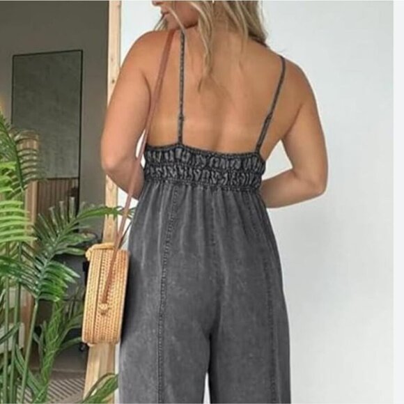Yoeasy Women's V Neck Adjustable Strap Denim Lightweight Wide Leg Romper 3xl New - Picture 2 of 5
